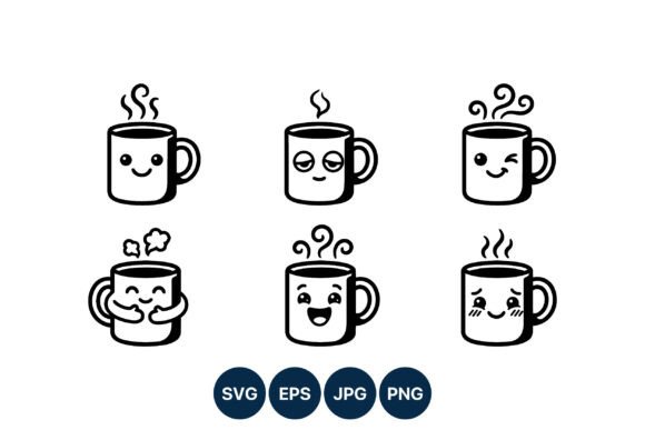 Cute Kawaii Coffee Mug Faces Vector